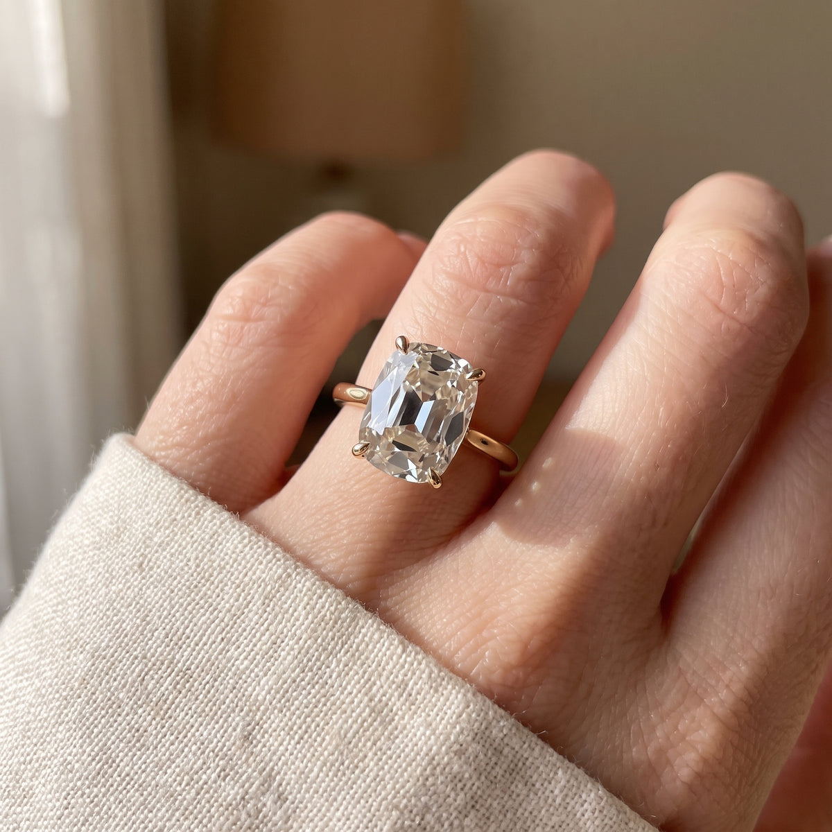 Old Mine elongated cushion lab-grown diamond solitaire engagement ring, Yellow Gold, lifestyle