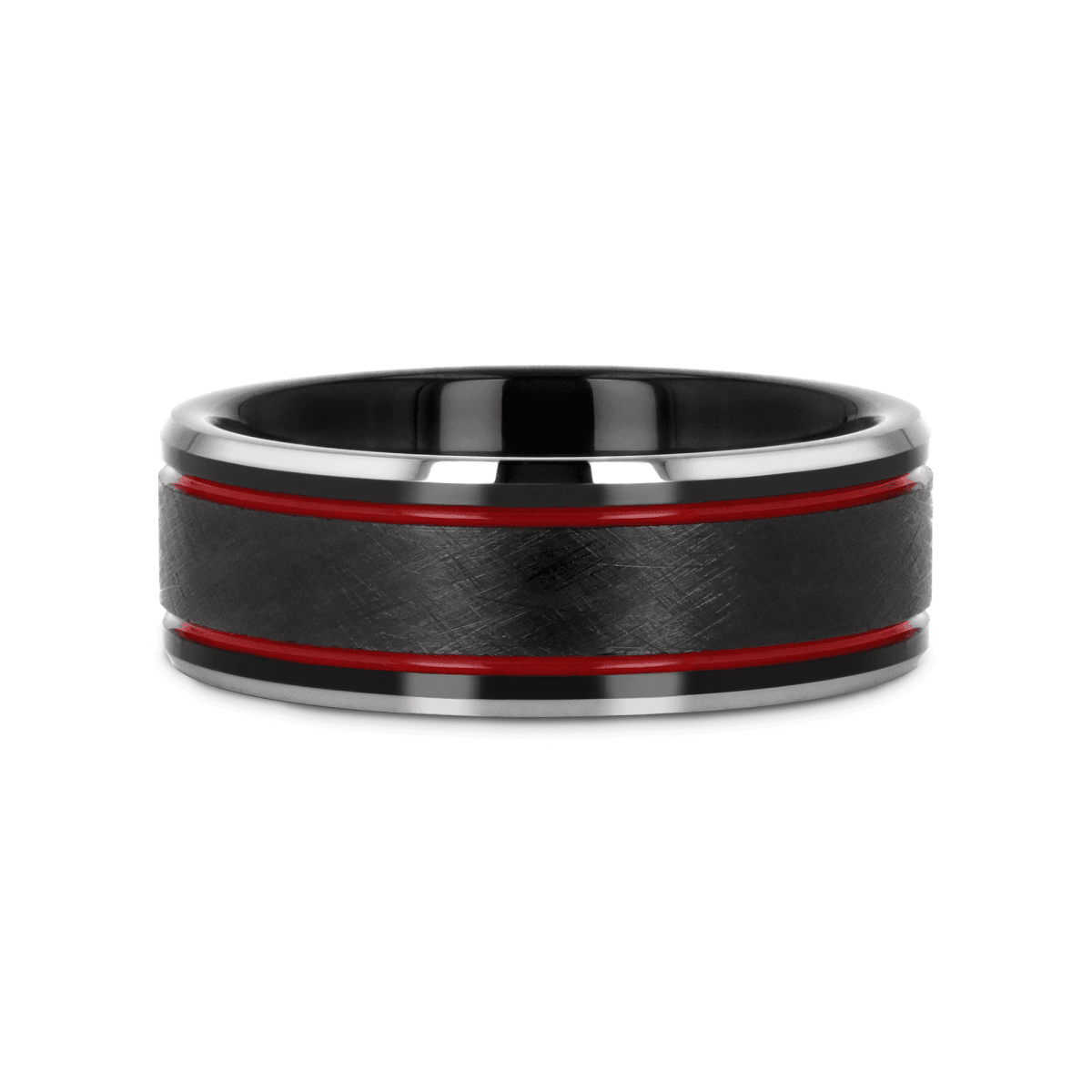 OLIS | Black Tungsten Ring, Double Red Stripe, Wire Finish - detail view