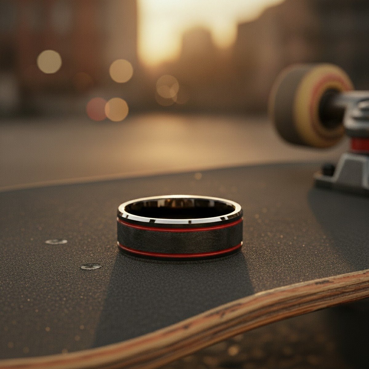 Aydins OLIS | Black Tungsten Ring, Double Red Stripe, Wire Finish lifestyle scene, skateboard griptape