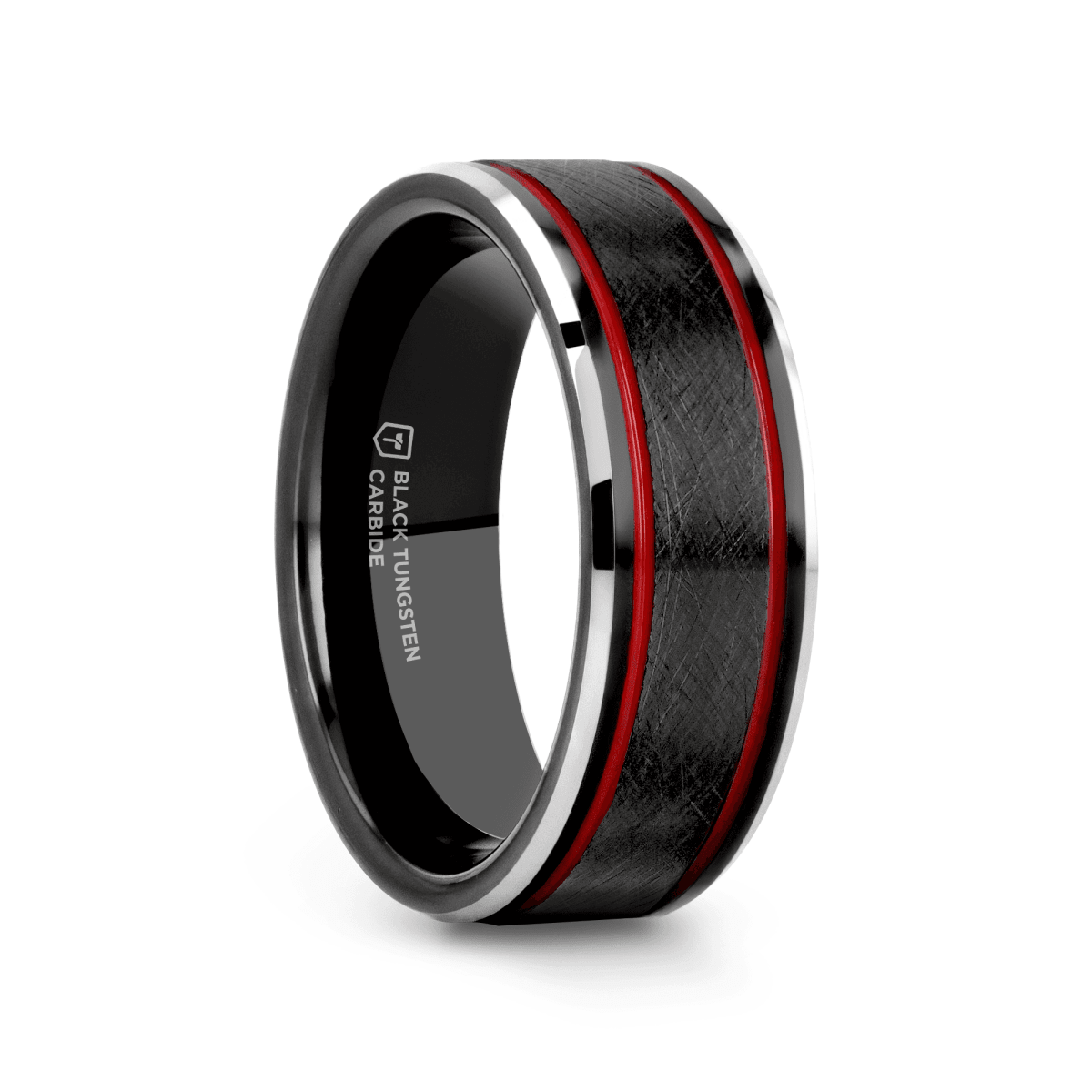 OLIS | Black Tungsten Ring, Double Red Stripe, Wire Finish - main view