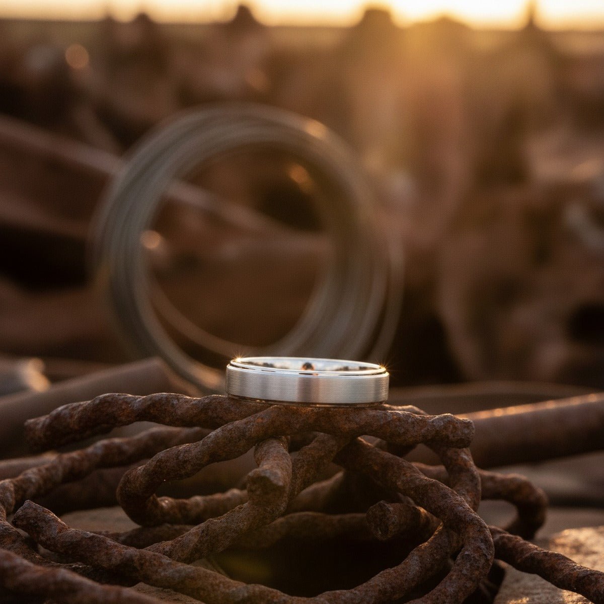 Aydins OPTIMUS | Tungsten Ring Brush Center lifestyle scene, junkyard steel