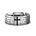 ORATE silver tungsten ring with Lord's Prayer text laser-engraved around the band – Aydins Jewelry