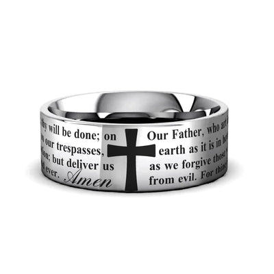 ORATE silver tungsten ring with Lord's Prayer text laser-engraved around the band – Aydins Jewelry