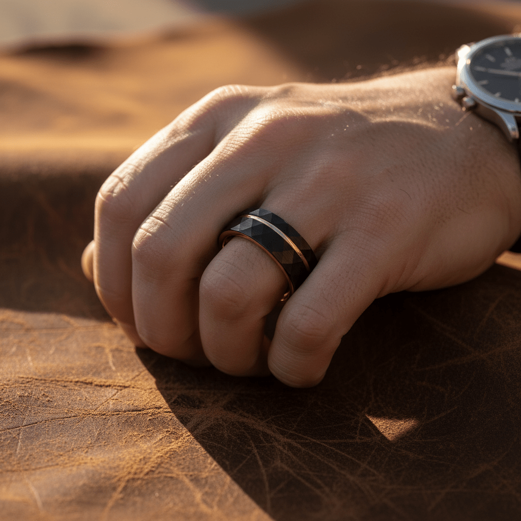 ORLANDO — Lifestyle photo on hand — men's tungsten wedding ring.