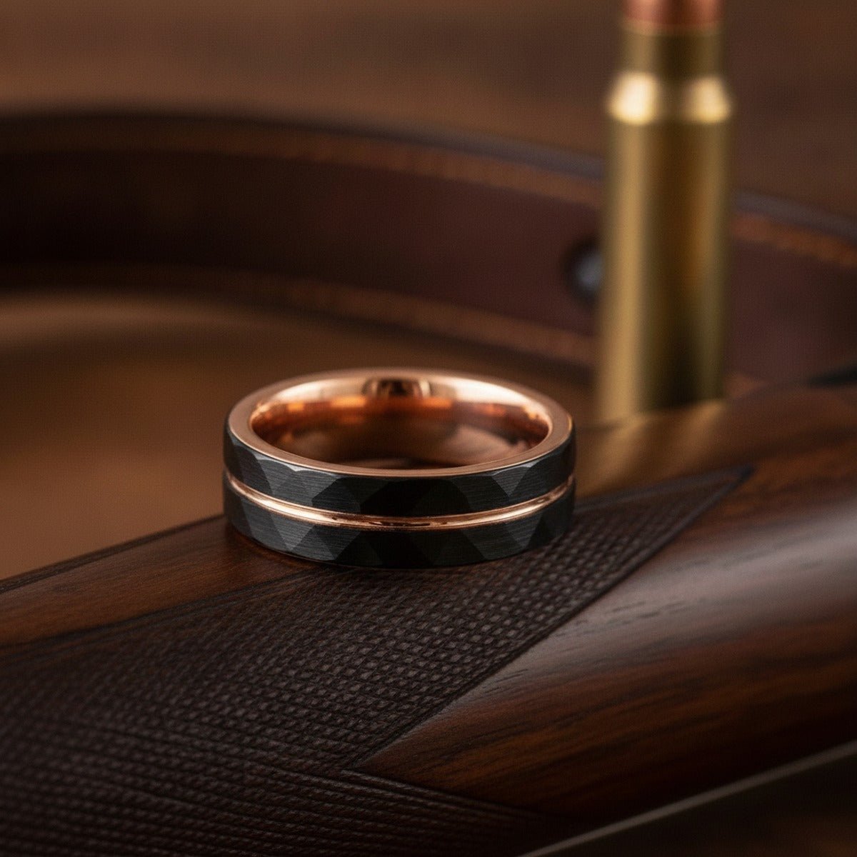 Aydins ORLANDO | Rose Gold Tungsten Hammered Black Center Rose Groove Flat Wedding Ring 8mm lifestyle scene, gunsmith table