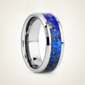 OSIAS polished silver tungsten wedding band with blue lapis stone inlay running around the band and polished beveled edges, studio hero shot