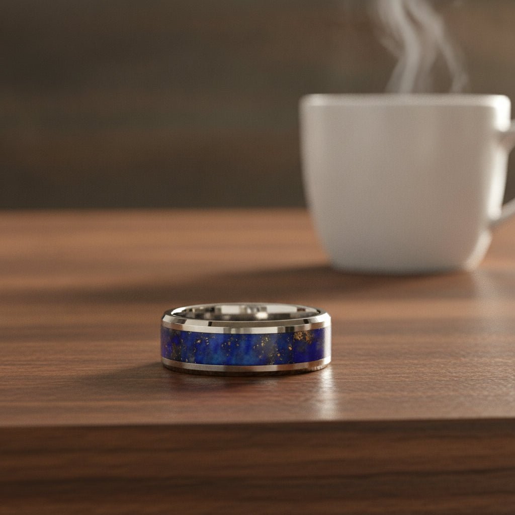 OSIAS polished silver tungsten wedding band with blue lapis stone inlay running around the band and polished beveled edges resting on a walnut wood counter, lifestyle scene