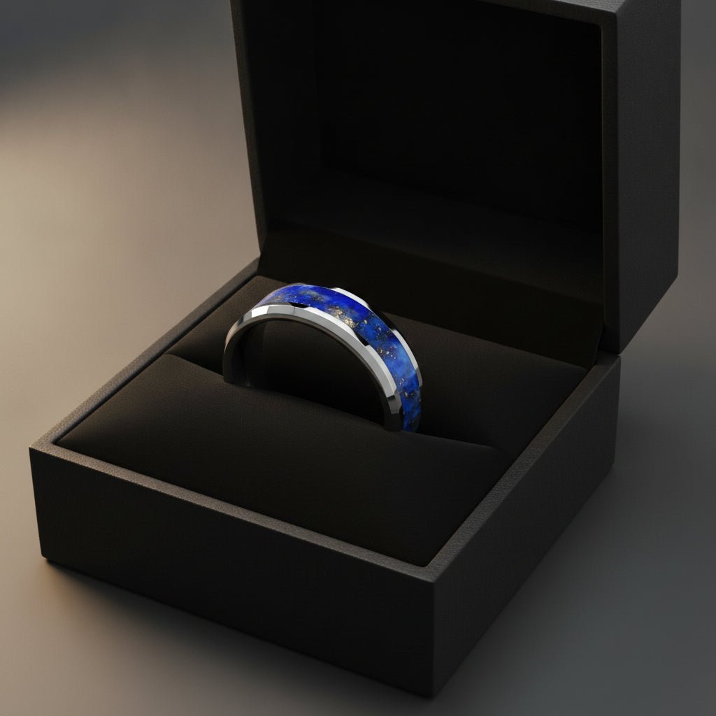 OSIAS polished silver tungsten wedding band with blue lapis stone inlay running around the band and polished beveled edges nested in a black velvet ring box, editorial jewelry shot