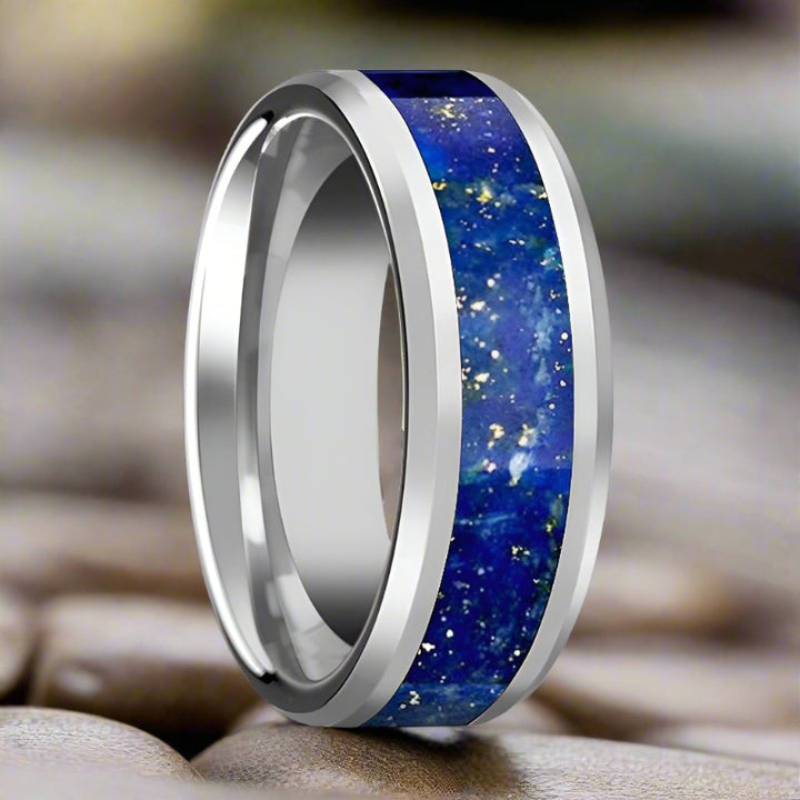 OSIAS | Tungsten Ring, Blue Lapis Inlay, Beveled - Rings - Aydins Jewelry - 3