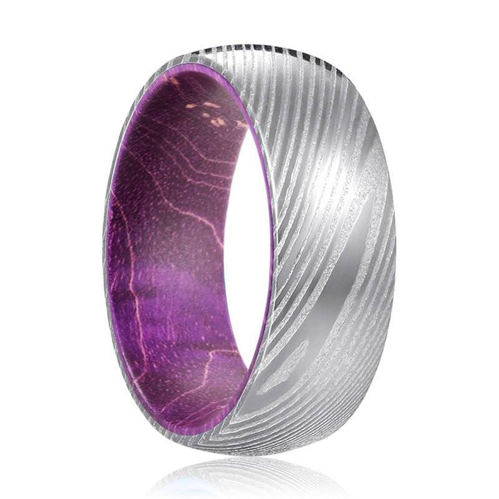 OSTRUM | Purple Wood, Silver Damascus Steel, Domed - Rings - Aydins Jewelry - 1