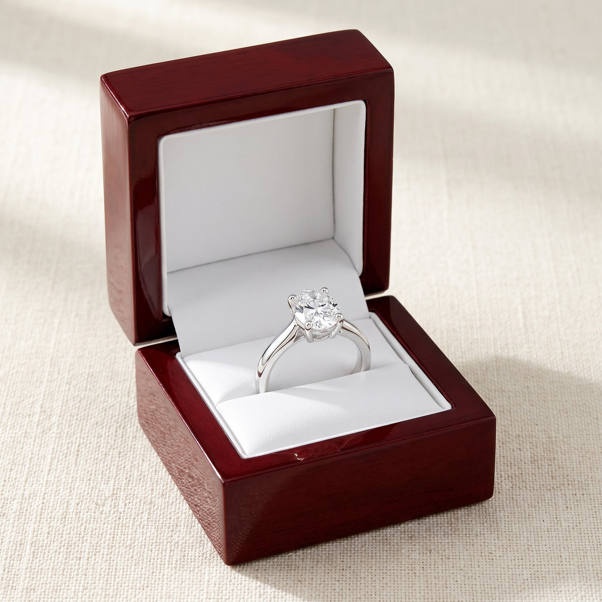Oval lab-grown diamond solitaire engagement ring, 925 Sterling Silver, in cherry-wood ring box
