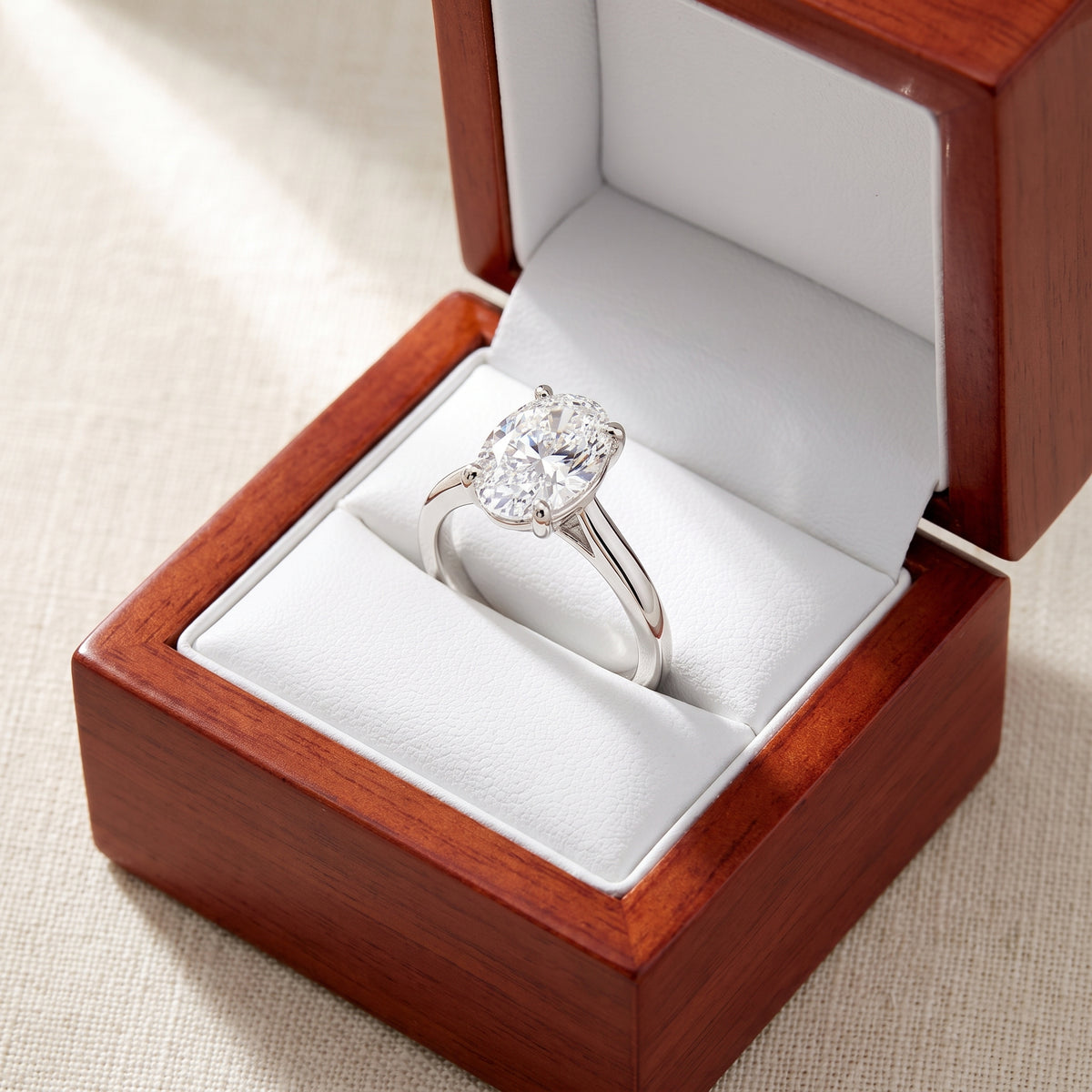Oval lab-grown diamond solitaire engagement ring, White Gold, in cherry-wood ring box