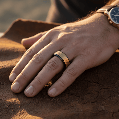 OZAK — Lifestyle photo on hand — men's tungsten wedding ring.