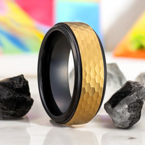 OZAK Black Tungsten Ring with Gold Hammered Center - Front View