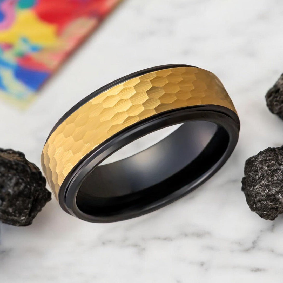 Black Tungsten Ring with Gold Hammered Detail - Side View