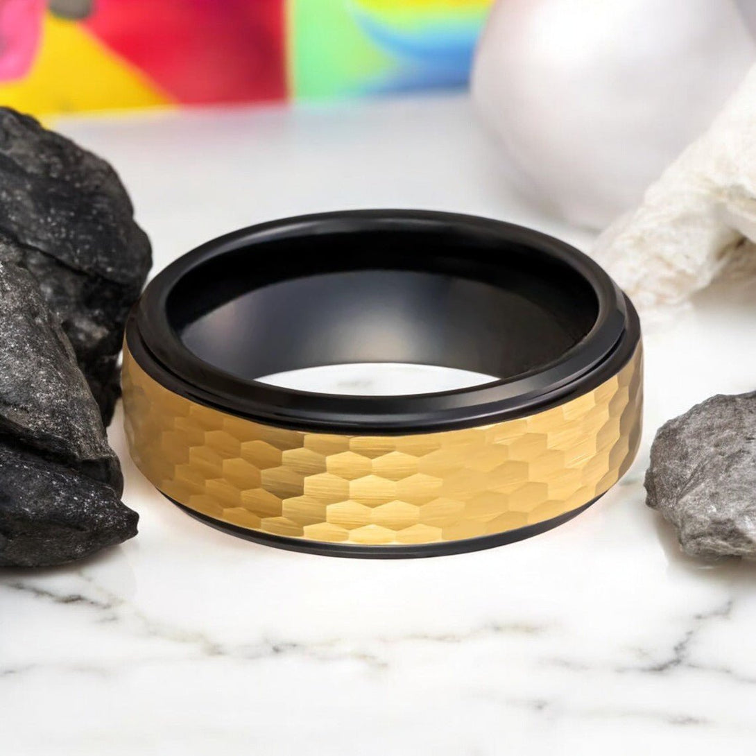 Gold Hammered Black Tungsten Ring - Top View