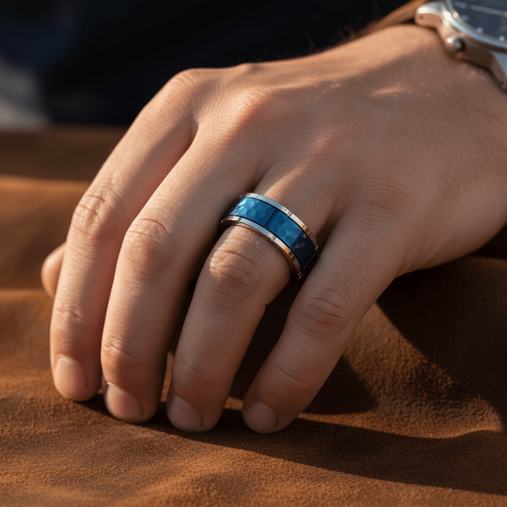 PACHUTA — Lifestyle photo on hand — men's tungsten wedding ring.