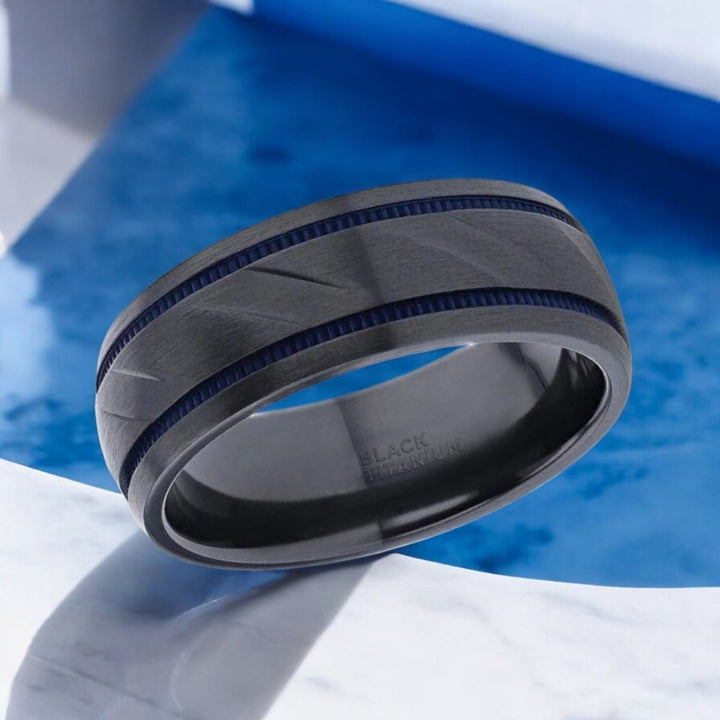 PATROL black titanium men’s wedding ring with brushed finish and blue accents - Aydins Jewelry.