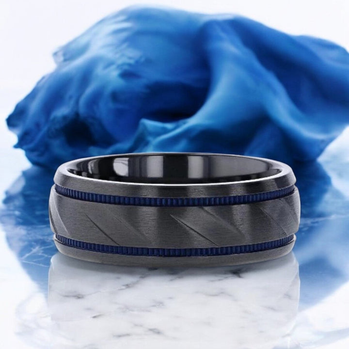 Sophisticated black titanium ring with unique diagonal pattern and blue accents - Aydins Jewelry.