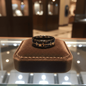 PEAPACK — Premium boutique display on velvet — men's tungsten wedding ring.