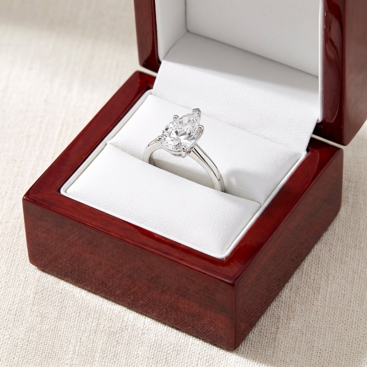 Pear lab-grown diamond solitaire engagement ring, White Gold, in cherry-wood ring box
