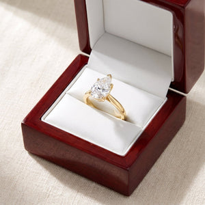Pear lab-grown diamond solitaire engagement ring, Yellow Gold, in cherry-wood ring box