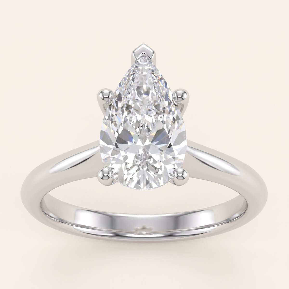 Pear lab-grown diamond solitaire engagement ring, 925 Sterling Silver, face-on detail macro