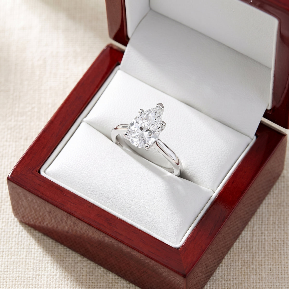 Pear lab-grown diamond solitaire engagement ring, 925 Sterling Silver, in cherry-wood ring box