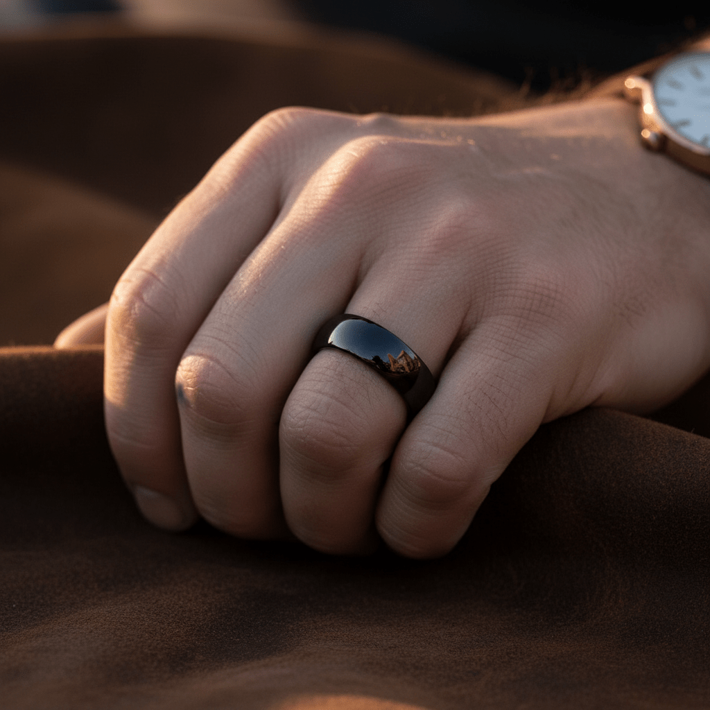 PEPPER — Lifestyle photo on hand — men's tungsten wedding ring.