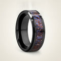 PERMIAN black ceramic ring with blue dinosaur bone inlay running around the band and polished beveled edges, studio hero shot
