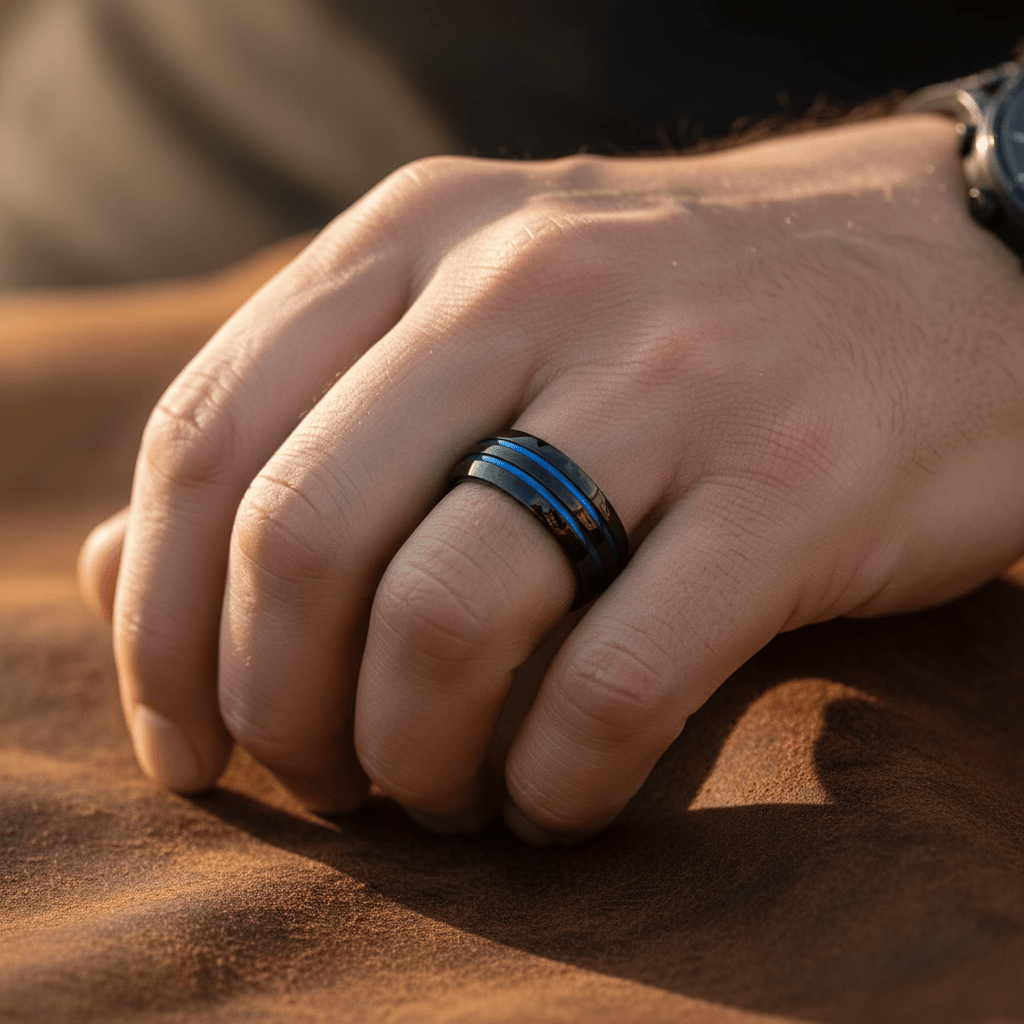 PETROS — Lifestyle photo on hand — men's tungsten wedding ring.
