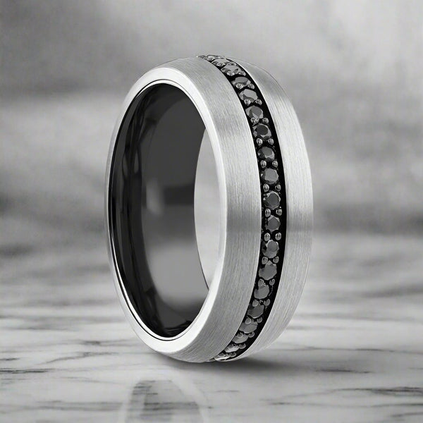 PILOT | Gunmetal Tungsten Ring, Black Sapphires, Domed - Rings - Aydins Jewelry - 1