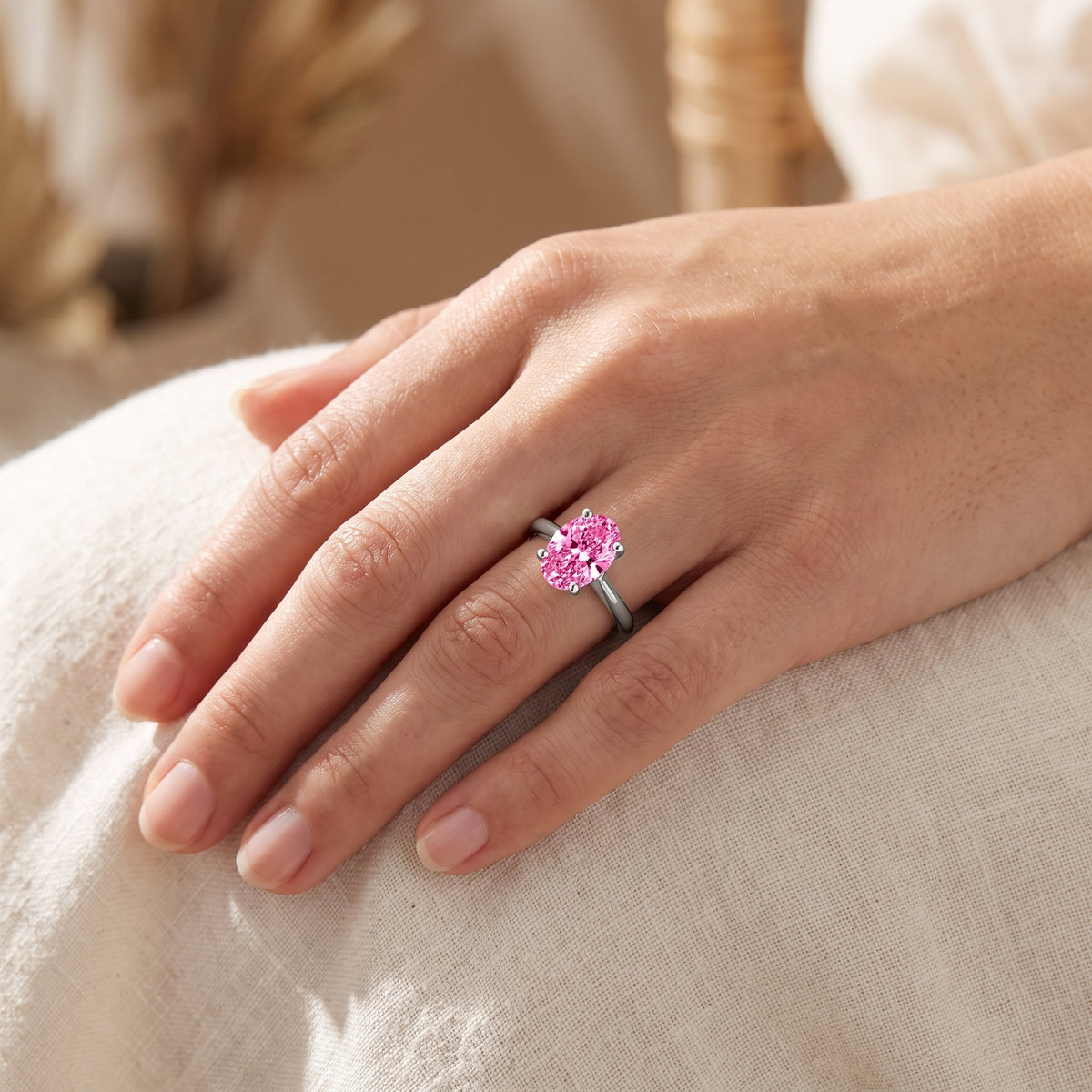 Pink Oval lab-grown diamond solitaire engagement ring, 925 Sterling Silver, lifestyle photograph