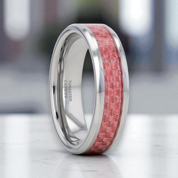 PINK tungsten ring with pink carbon fiber inlay and beveled edges