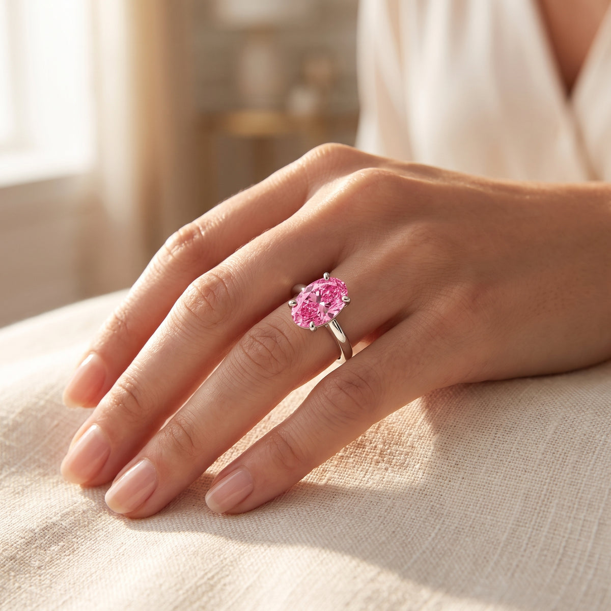Pink Oval lab-grown diamond solitaire engagement ring, White Gold, lifestyle photograph