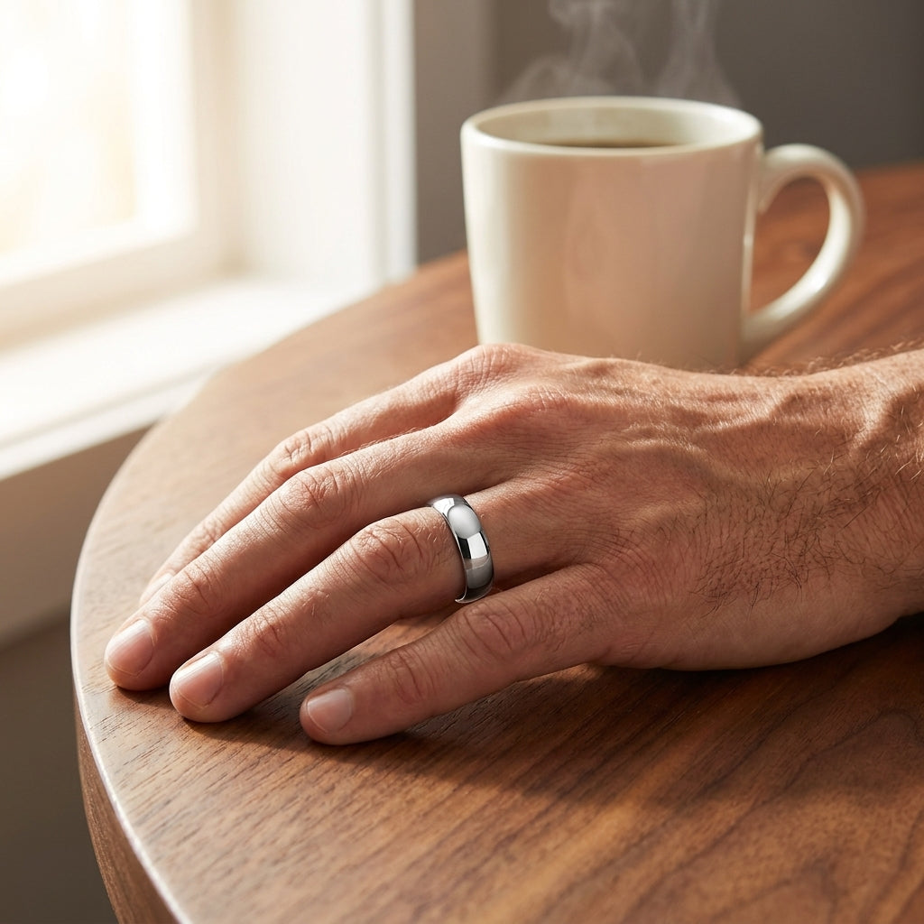 Platinum Comfort Fit Wedding Band worn on hand at walnut table, lifestyle photo