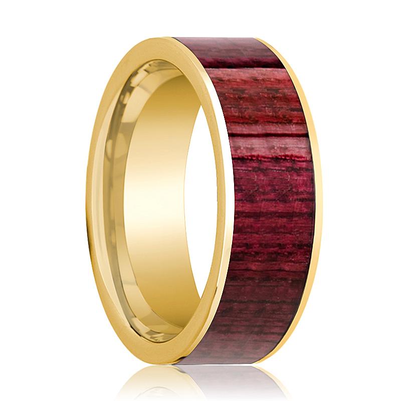 Purpleheart Wood inlay 14k yellow gold wedding band 8mm, side profile