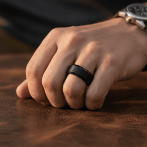 PORTENT — lifestyle on hand — men's tungsten carbide wedding ring | Aydins Jewelry