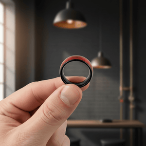 POTLATCH — Held between fingers close-up — men's tungsten wedding ring.