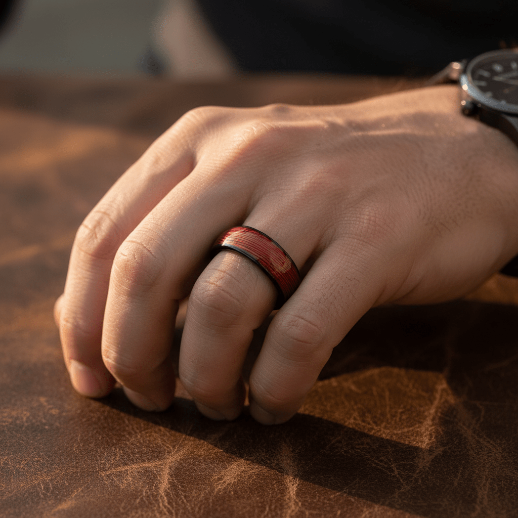 POTLATCH — Lifestyle photo on hand — men's tungsten wedding ring.