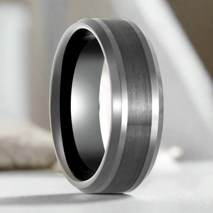 PRECISION | Gun Metal Ring, Brushed Center, Beveled Edge - Rings - Aydins Jewelry - 3