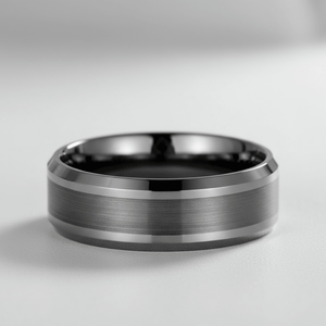 PRECISION — Center-through axial view — men's tungsten wedding ring.