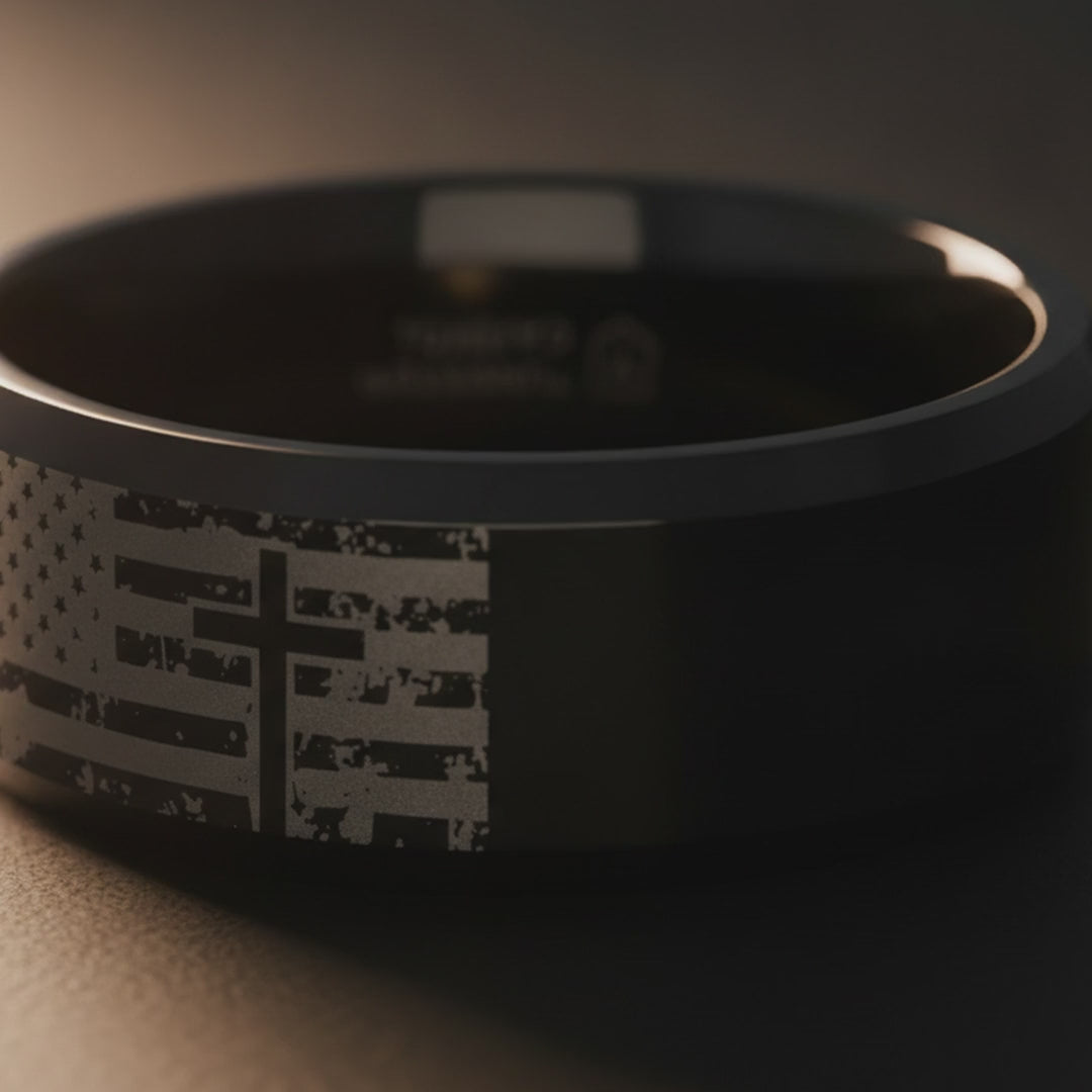 AMERICAN FLAG & CROSS | Engraved Black Tungsten Band, Beveled — cinematic product Reel