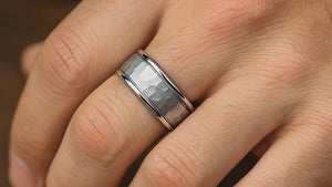 Close-up of dual grooves and polished beveled edge on silver tungsten band on Ring FInger Video