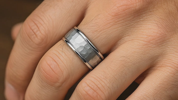 Close-up of dual grooves and polished beveled edge on silver tungsten band on Ring FInger Video