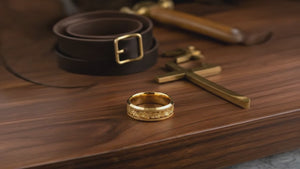 Aydins AURION | Gold Tungsten Beveled Ring cinematic showcase video, dark walnut workshop aesthetic, seamless loop