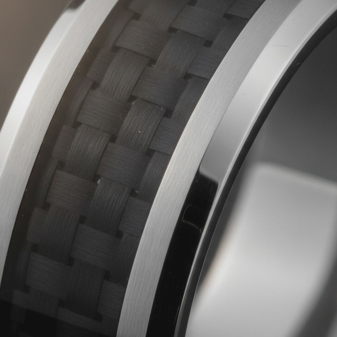 HERALD | Silver Tungsten Black Carbon Fiber Inlay Wedding Ring - 6mm & 8mm — cinematic product Reel