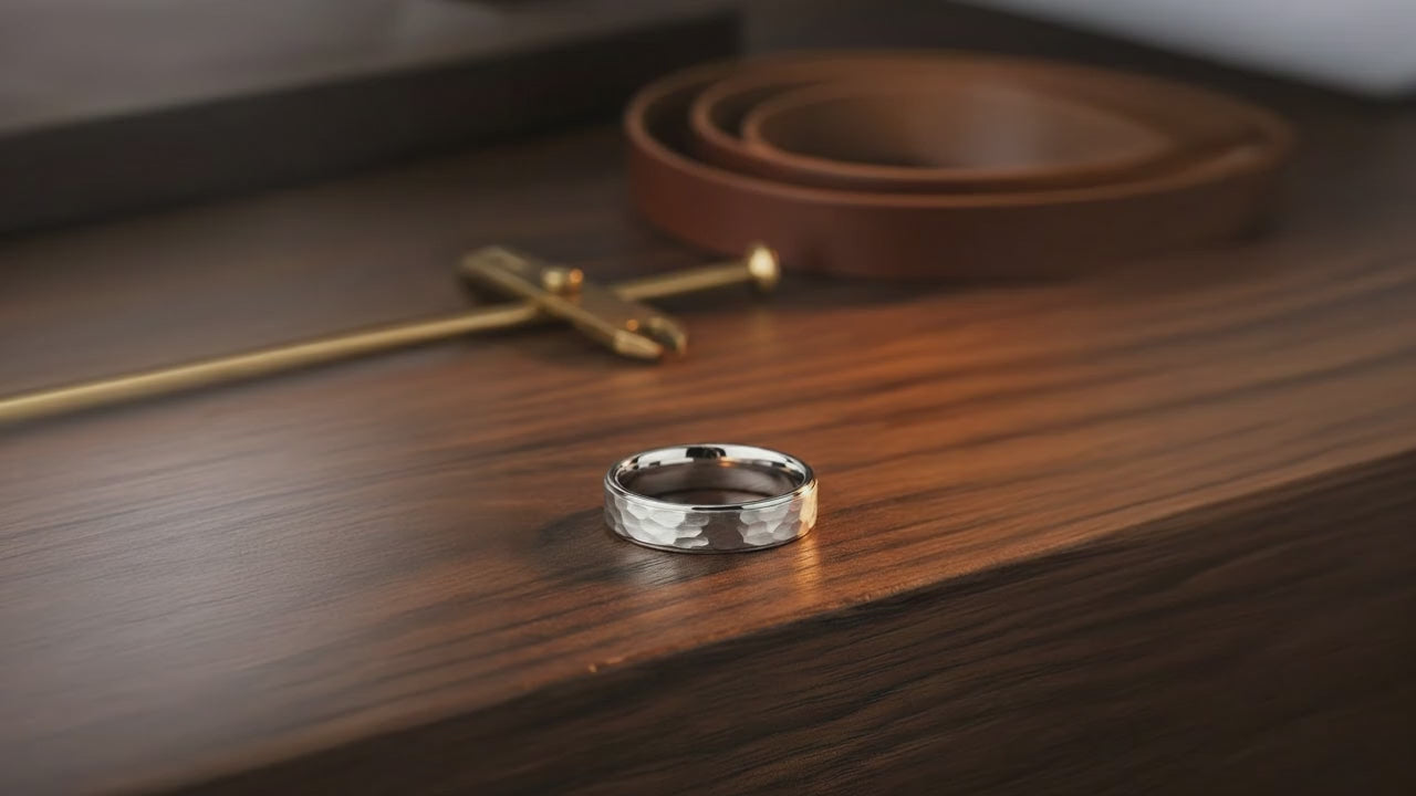 Aydins WINSTON | White Tungsten Ring Polished Step Edges cinematic showcase video, dark walnut workshop aesthetic, seamless loop