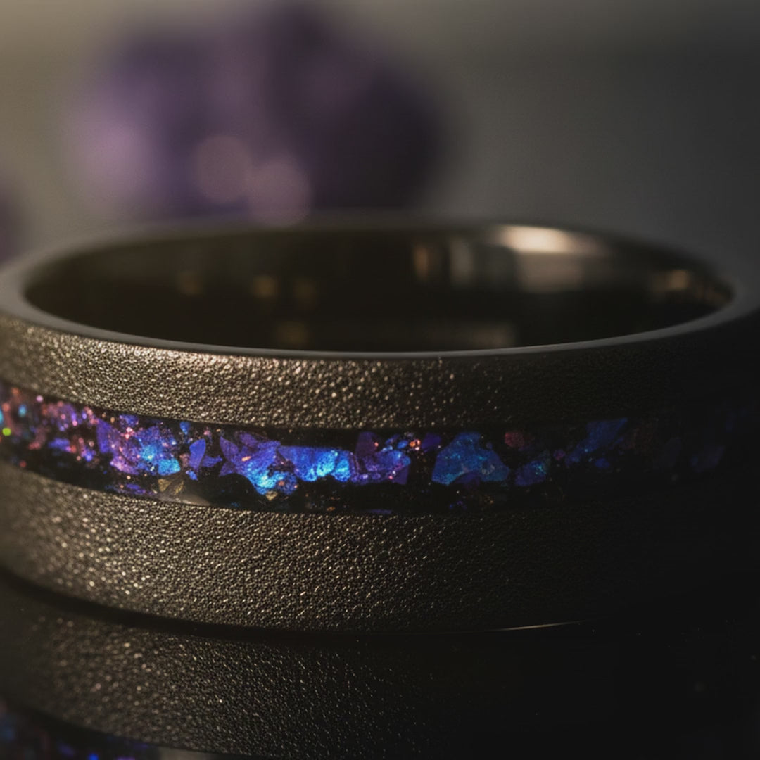 MIRAGE | Black Tungsten Ring, Alexandrite and Goldstone Inlay, Flat — cinematic product Reel