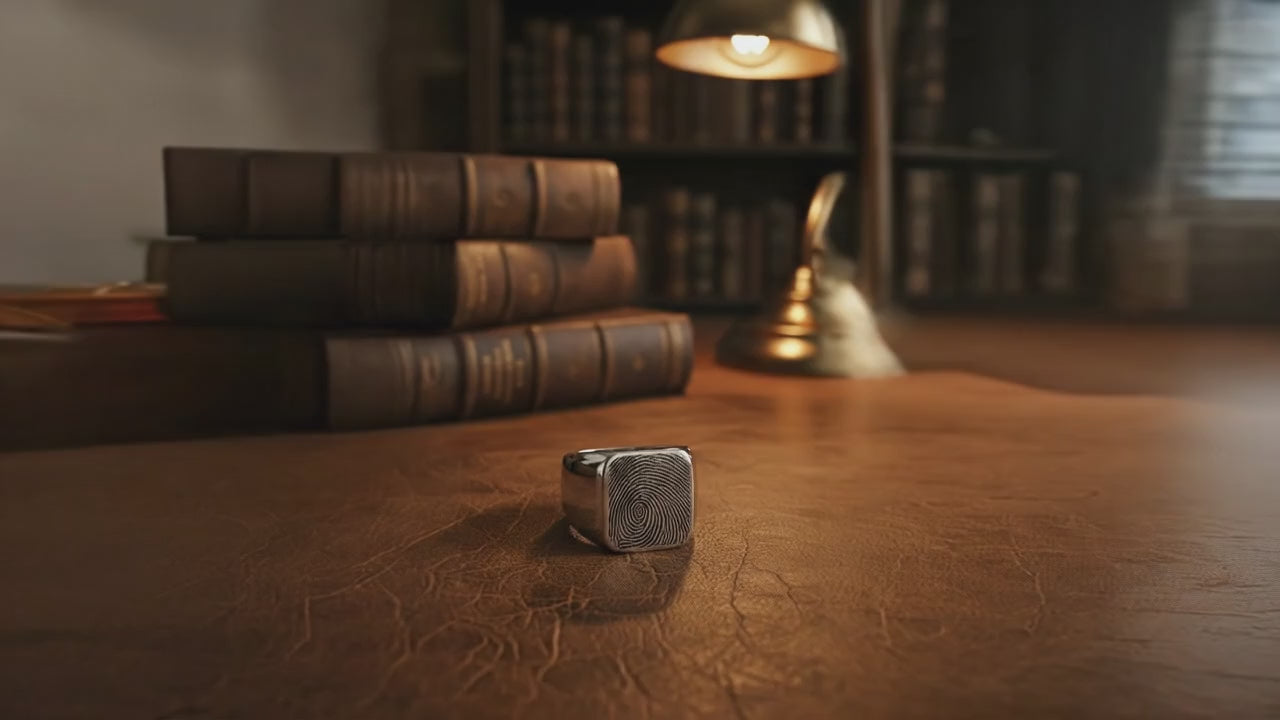 Aydins Signet Ring - Custom Signet Ring - Fingerprint Ring cinematic showcase video, leather library aesthetic, seamless loop